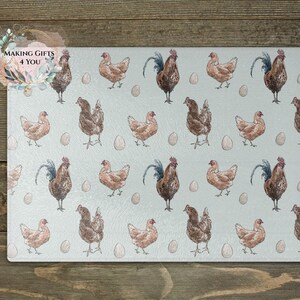 Farmhouse Chicken Worktop Saver, Toughened Glass Cutting Board, Country Kitchen Decor