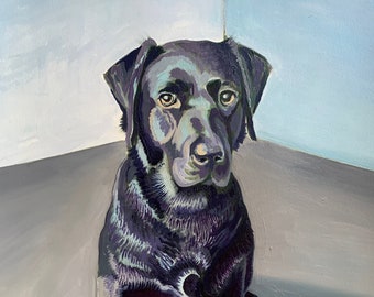 Schwarzer Labrador Hund Portrait - Original Ölgemälde