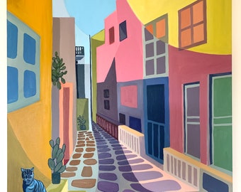 28 x 23 inch - MYKONOS GREECE Colourful Street and cat - Original Oil Painting