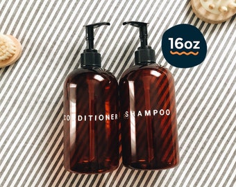 plastic shampoo & conditioner set 16oz | amber plastic shampoo dispenser, conditioner dispenser, shower and bath set, bath set, zero waste