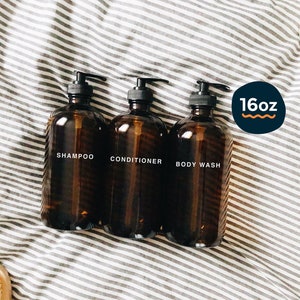 glass bathroom set - 16oz | amber glass shampoo, conditioner & body wash bottles | eco-friendly zero waste shower set of 3 bottles w/ pumps