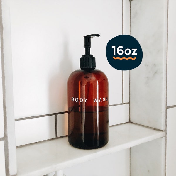 16oz body wash bottle in amber plastic | amber shampoo dispenser with pump, modern bath, modern body wash bottle, eco-friendly, zero waste