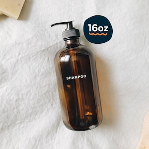 glass shampoo dispenser 16oz | amber glass shampoo bottle, modern shower, shampoo dispenser, amber glass shampoo, amber glass, zero waste