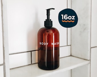 16oz body wash bottle in amber plastic | amber shampoo dispenser with pump, modern bath, modern body wash bottle, eco-friendly, zero waste
