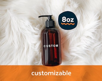 Custom amber plastic bottle with pump - 8oz | custom amber plastic dispenser, modern home & bath, custom bottle w/ pump, zero waste home
