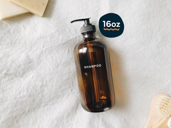 Heartland Lettering Amber Shampoo Bottle with Pump 16oz Organization for Shower Empty Shampoo and Conditioner Bottles Brown Plastic Dispensing Bottles