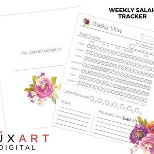 Könnte beinhalten: Ein druckbarer Wochenplaner zur Verfolgung der täglichen Gebetszeiten. Der Planer verfügt über ein florales Design mit lila und rosa Blumen. Der Planer enthält einen Abschnitt zur Verfolgung der täglichen Gebetszeiten, einen Abschnitt zur Verfolgung der Koranrezitation und einen Abschnitt für Notizen.
