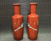 Pair of Minguo Made Red Ground Glaze Famille Rose Porcelain Mallet Vase.Rare China Imperial Art Vintage ceramic Chinese Antiques Porcelain