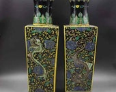 Pair of Qing Dynasty Kangxi Guan Ware Style Famille Rose Fencai Porcelain Big Square Vase,China Vintage ceramic collection Chinese Antiques