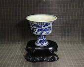 Ming Dynasty Yongle Style Blue and White Porcelain Stem Cup.Rare China Imperial Art Vintage ceramic Collection Chinese Antiques Porcelain