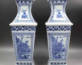 Pair of Qing Dynasty Kangxi Style Blue and White Porcelain Big Square Vase,China Vintage ceramic collection Chinese Antiques Porcelain