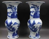 Pair of Qing Dynasty Kangxi Style Blue and White Porcelain Huagu Vase,China Vintage ceramic collection Chinese Antiques Porcelain
