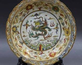 Chinese Ming Dynasty Chenghua Style Doucai Porcelain Plate Decorate with Gold Dragon,Exclusive Vintage Chinese Art Antique Guan Ware Ceramic