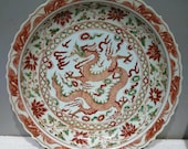 Late Yuan to Early Ming Dynasty Guan Ware Style Porcelain Underglaze Red Dragon Plate,Vintage Chinese Royal Art Antique Ceramic Collection