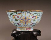 Qing Dynasty Qianlong Style Blue Ground Famille Rose Porcelain Bowl.Rare China Imperial Art Vintage ceramic Chinese Antiques Porcelain