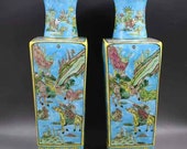 Pair of Qing Dynasty Kangxi Guan Ware Style Famille Rose Fencai Porcelain Big Square Vase,China Vintage ceramic collection Chinese Antiques