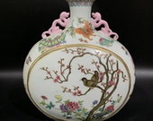 Chinese Antique Qing Dynasty Qianlong Guan Ware Style Famille Rose Fencai Porcelain Moonflask Vase.China Royal Vintage ceramic Collection