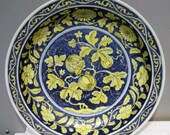 Late Yuan to Early Ming Dynasty Porcelain Blue and White Yellow Plate,Rare Vintage Chinese Royal Art Antique Ceramic Collection Porcelain