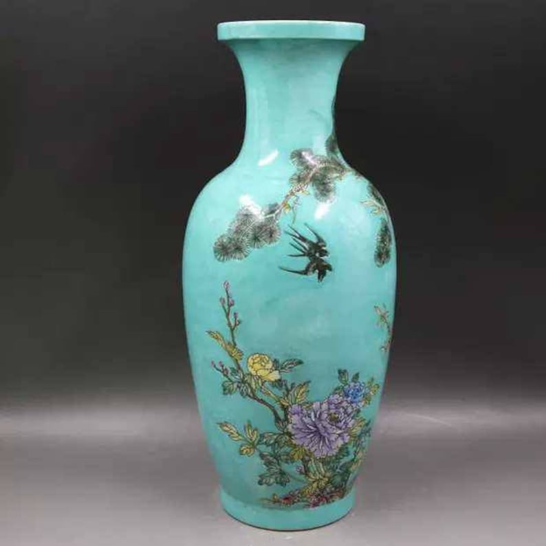 Chinese Antiaue Qing Dynasty Kangxi Guan Ware Style Famille Rose Fencai Porcelain Big Mallet Vase,China Vintage ceramic collection