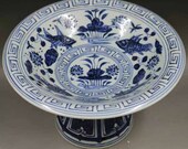 Ming Dynasty Xuande Style Blue and White Porcelain Stem Bowl.China Royal Vintage ceramic Collection Chinese Antiques Porcelain