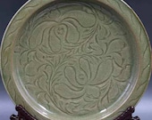 Song Dynasty Yaozhou Ware Style Porcelain Carved Celadon Dish Plate.Rare Vintage China Royal Art ceramic collection Chinese Antiques