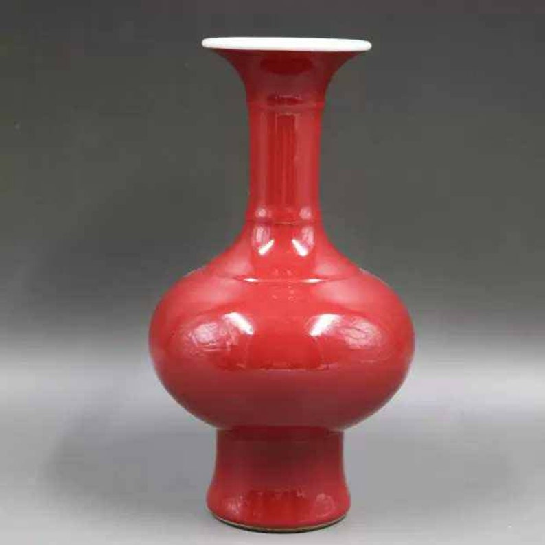 Chinese Antique Qing Dynasty Qianlong Guan Ware Style Red Glaze Bianduping Biandu Vase,Rare China Royal Art Vintage ceramic collection