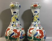 Pair of Ming Dynasty Jiajing Marked Guan Ware Famille Verte Garlic Head Shape Vase,Rare Vintage Royal Art Ceramic Collection Porcelain