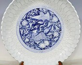 45 cm Diameter Yuan Dynasty Guan Ware Style Blue and White Carved Enchase Porcelain Big Plate,Collectible Vintage Ceramic Chinese Antiques