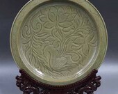 Song Dynasty Yaozhou Ware Style Porcelain Carved Celadon Dish Plate.Rare Vintage China Royal Art ceramic collection Chinese Antiques