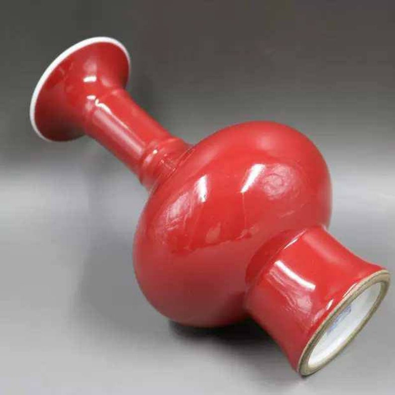 Chinese Antique Qing Dynasty Qianlong Guan Ware Style Red Glaze Bianduping Biandu Vase,Rare China Royal Art Vintage ceramic collection