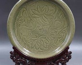 Song Dynasty Yaozhou Ware Style Porcelain Carved Celadon Dish Plate.Rare Vintage China Royal Art ceramic collection Chinese Antiques