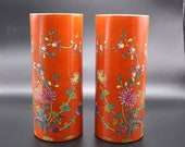 Pair of Minguo Hongxian Red Ground Famille Rose Porcelain Big Hat Pot,China Vintage ceramic Chinese Antiques Fencai Porcelain brushpot