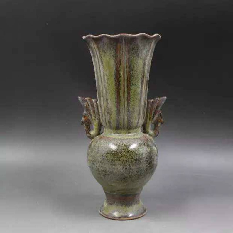 Chinese Antique Five Dynasty Yue Ware Style Porcelain Celadon Peacock Vase.Rare Vintage China Royal Art ceramic collection