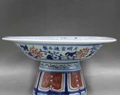 Ming Dynasty Xuande Guan Ware Style Blue and White Underglaze Red Porcelain Stem Bowl.China Royal Vintage ceramic Collection Porcelain