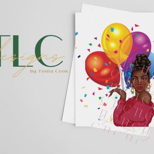 Tarjeta de cumpleaños de mujer negra con globos de colores primarios