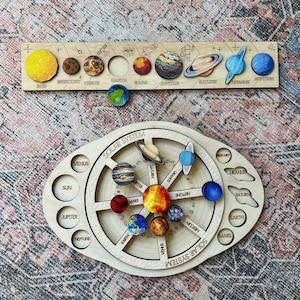 Wooden Solar Puzzle and Rotating Solar System Board, Wooden Toys to Learn the Sun, Space, Planets, Educational Toys to Learn Sun & Planets