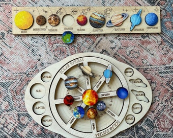 Rotating Solar Board and Solar Puzzle, Wooden Toys to Learn the Solar System, Space and Planets, Montessori School Educational Wooden Toys