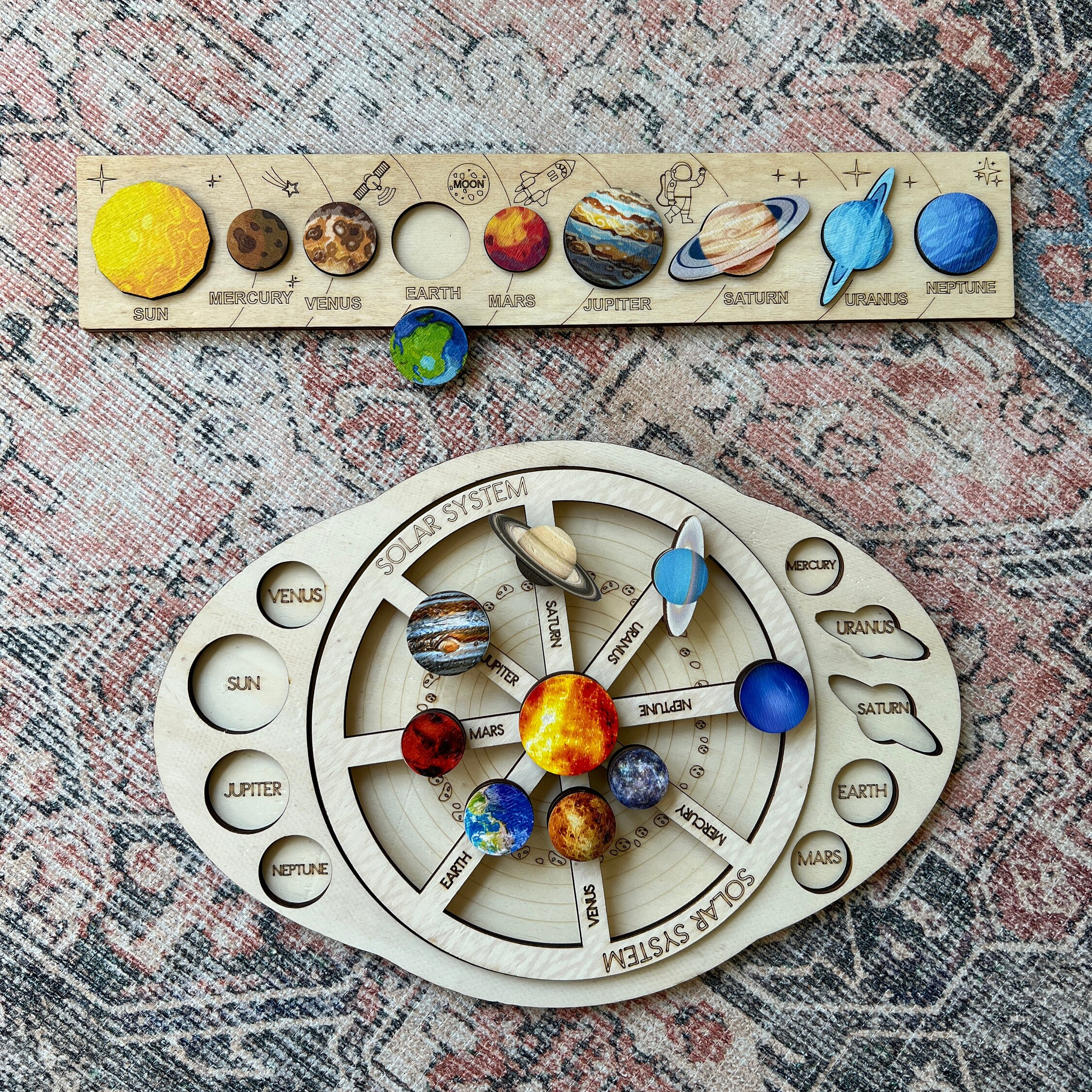 Rotating Solar Board and Solar Puzzle, Wooden Toys to Learn the Solar System, Space and Planets, Montessori School Educational Wooden Toys
