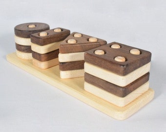 Rompecabezas de formas geométricas elaborado con pinos y nogales: rompecabezas de madera natural para apilar y clasificar: rompecabezas de madera para aprender formas geométricas