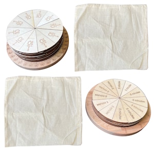 May include: Two wooden circular fraction and time teaching tools. The first tool is divided into 10 sections with fractions of 1/10 written on each section. The second tool is divided into 12 sections with the number 5 written on each section. Both tools are made of wood and have a natural finish.
