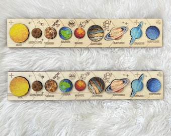 Rompecabezas de madera hecho a mano del sistema solar en inglés, juguete de madera del sol y los planetas para un aprendizaje divertido