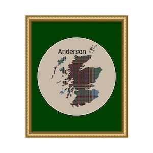 May include: A framed cross-stitch of a map of Scotland with a tartan pattern. The name "Anderson" is written above the map.