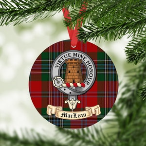 MacLean Scottish clan gift. Acrylic Ornament Printed with MacLean Clan Tartan and MacLean clan Crest. Great Christmas Gift
