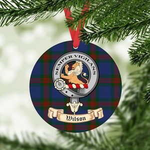 Wilson Scottish clan gift. Acrylic Tree Ornament Printed with Wilson Clan Tartan and Wilson clan Crest. Great Christmas Gift