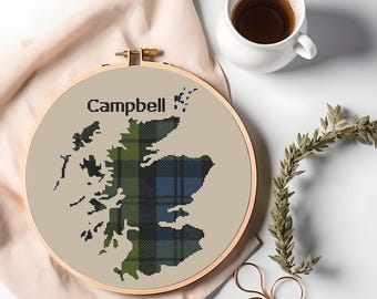 Scotland Map with Campbell Scottish Clan  Tartan - Cross Stitch Pattern - Download - Display your Scottish Campbell Clan heritage