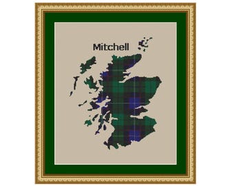 Scotland Map with Mitchell Scottish Clan Tartan   Cross Stitch Pattern - Download