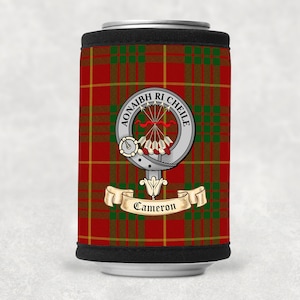 Cameron Scottish Clan Drink Can Coolie with Cameron Clan Crest on Cameron Tartan
