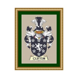 Puede incluir: Un escudo de armas enmarcado con un escudo blanco y negro que presenta un león y un diseño floral. El escudo está rodeado por una cresta con una corona y un rollo con el texto "CLIFTON".