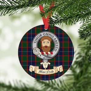 MacNab Scottish clan gift. Acrylic Tree Ornament Printed with MacNab Clan Tartan and MacNab clan Crest. Great Christmas Gift