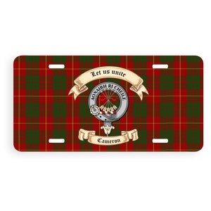 Cameron Scottish Clan License Plate with Crest-Motto and Tartan